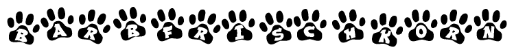 The image shows a row of animal paw prints, each containing a letter. The letters spell out the word Barbfrischkorn within the paw prints.