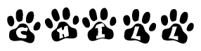 The image shows a series of animal paw prints arranged in a horizontal line. Each paw print contains a letter, and together they spell out the word Chill.