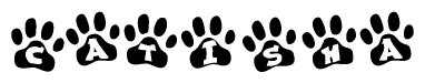 The image shows a series of animal paw prints arranged horizontally. Within each paw print, there's a letter; together they spell Catisha