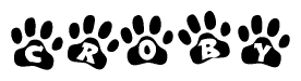 The image shows a series of animal paw prints arranged in a horizontal line. Each paw print contains a letter, and together they spell out the word Croby.