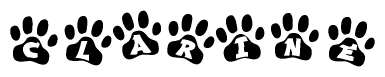 The image shows a series of animal paw prints arranged in a horizontal line. Each paw print contains a letter, and together they spell out the word Clarine.