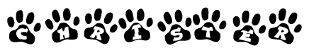 The image shows a row of animal paw prints, each containing a letter. The letters spell out the word Christer within the paw prints.