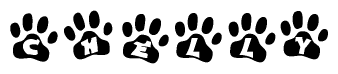 The image shows a row of animal paw prints, each containing a letter. The letters spell out the word Chelly within the paw prints.