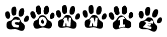 The image shows a series of animal paw prints arranged horizontally. Within each paw print, there's a letter; together they spell Connie