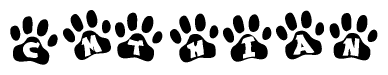The image shows a row of animal paw prints, each containing a letter. The letters spell out the word Cmthian within the paw prints.