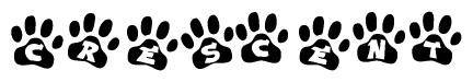 The image shows a series of animal paw prints arranged in a horizontal line. Each paw print contains a letter, and together they spell out the word Crescent.