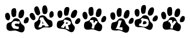 The image shows a series of animal paw prints arranged in a horizontal line. Each paw print contains a letter, and together they spell out the word Caryldy.