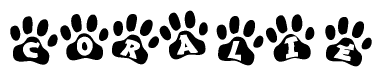 The image shows a row of animal paw prints, each containing a letter. The letters spell out the word Coralie within the paw prints.