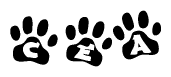 The image shows a row of animal paw prints, each containing a letter. The letters spell out the word Cea within the paw prints.