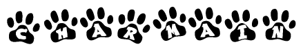The image shows a series of animal paw prints arranged horizontally. Within each paw print, there's a letter; together they spell Charmain