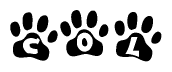 The image shows a series of animal paw prints arranged horizontally. Within each paw print, there's a letter; together they spell Col