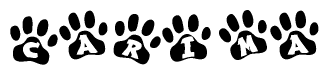   The image shows a row of animal paw prints, each containing a letter. The letters spell out the word Carima within the paw prints. 