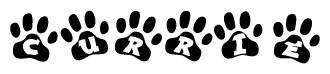 The image shows a series of animal paw prints arranged horizontally. Within each paw print, there's a letter; together they spell Currie