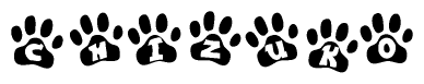 The image shows a row of animal paw prints, each containing a letter. The letters spell out the word Chizuko within the paw prints.
