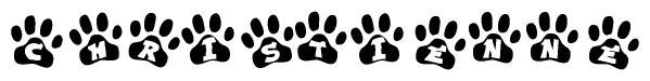 The image shows a series of animal paw prints arranged in a horizontal line. Each paw print contains a letter, and together they spell out the word Christienne.
