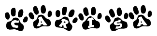 The image shows a series of animal paw prints arranged horizontally. Within each paw print, there's a letter; together they spell Carisa
