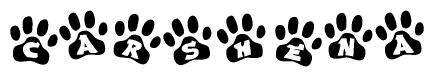 The image shows a series of animal paw prints arranged in a horizontal line. Each paw print contains a letter, and together they spell out the word Carshena.