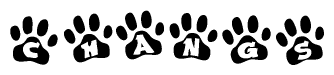 The image shows a series of animal paw prints arranged horizontally. Within each paw print, there's a letter; together they spell Changs