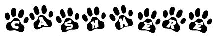 The image shows a series of animal paw prints arranged horizontally. Within each paw print, there's a letter; together they spell Cashmere