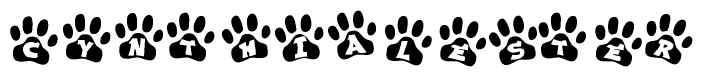 The image shows a row of animal paw prints, each containing a letter. The letters spell out the word Cynthialester within the paw prints.