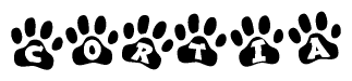 The image shows a series of animal paw prints arranged horizontally. Within each paw print, there's a letter; together they spell Cortia