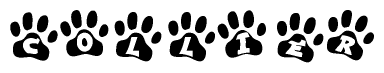 The image shows a series of animal paw prints arranged horizontally. Within each paw print, there's a letter; together they spell Collier