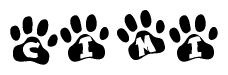The image shows a row of animal paw prints, each containing a letter. The letters spell out the word Cimi within the paw prints.
