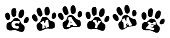 The image shows a series of animal paw prints arranged horizontally. Within each paw print, there's a letter; together they spell Chayme