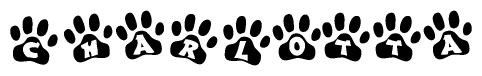 The image shows a series of animal paw prints arranged horizontally. Within each paw print, there's a letter; together they spell Charlotta