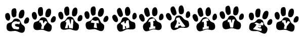 The image shows a row of animal paw prints, each containing a letter. The letters spell out the word Cynthiaivey within the paw prints.