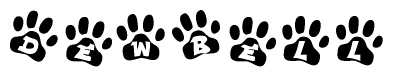 The image shows a series of animal paw prints arranged in a horizontal line. Each paw print contains a letter, and together they spell out the word Dewbell.