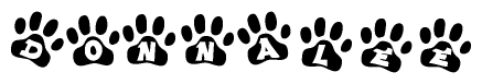 The image shows a row of animal paw prints, each containing a letter. The letters spell out the word Donnalee within the paw prints.