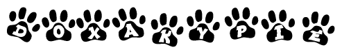 The image shows a series of animal paw prints arranged horizontally. Within each paw print, there's a letter; together they spell Doxakypie