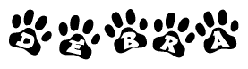 The image shows a series of animal paw prints arranged horizontally. Within each paw print, there's a letter; together they spell Debra