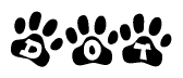 The image shows a row of animal paw prints, each containing a letter. The letters spell out the word Dot within the paw prints.