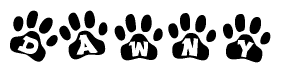 The image shows a series of animal paw prints arranged horizontally. Within each paw print, there's a letter; together they spell Dawny
