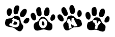 The image shows a series of animal paw prints arranged horizontally. Within each paw print, there's a letter; together they spell Domy