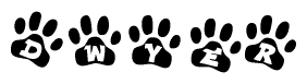 The image shows a series of animal paw prints arranged horizontally. Within each paw print, there's a letter; together they spell Dwyer