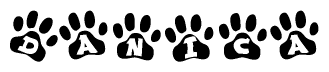 The image shows a series of animal paw prints arranged horizontally. Within each paw print, there's a letter; together they spell Danica