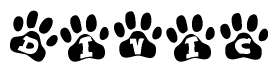 The image shows a series of animal paw prints arranged in a horizontal line. Each paw print contains a letter, and together they spell out the word Divic.