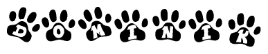 The image shows a series of animal paw prints arranged horizontally. Within each paw print, there's a letter; together they spell Dominik