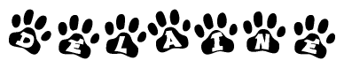 The image shows a series of animal paw prints arranged horizontally. Within each paw print, there's a letter; together they spell Delaine