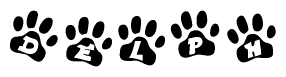 The image shows a series of animal paw prints arranged in a horizontal line. Each paw print contains a letter, and together they spell out the word Delph.