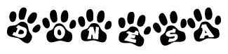 The image shows a row of animal paw prints, each containing a letter. The letters spell out the word Donesa within the paw prints.