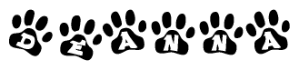 The image shows a series of animal paw prints arranged in a horizontal line. Each paw print contains a letter, and together they spell out the word Deanna.