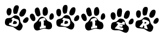 The image shows a row of animal paw prints, each containing a letter. The letters spell out the word Didier within the paw prints.
