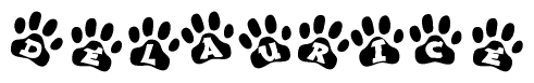 The image shows a series of animal paw prints arranged horizontally. Within each paw print, there's a letter; together they spell Delaurice