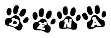 The image shows a series of animal paw prints arranged in a horizontal line. Each paw print contains a letter, and together they spell out the word Dena.