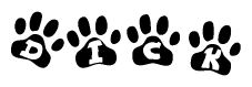 The image shows a series of animal paw prints arranged horizontally. Within each paw print, there's a letter; together they spell Dick