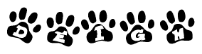 The image shows a series of animal paw prints arranged horizontally. Within each paw print, there's a letter; together they spell Deigh